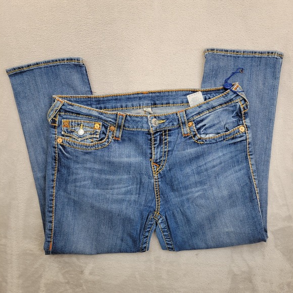 True Religion Jeans Womens 34 Blue Capri Old Multi Big T Flap Pocket Distressed - Picture 1 of 11